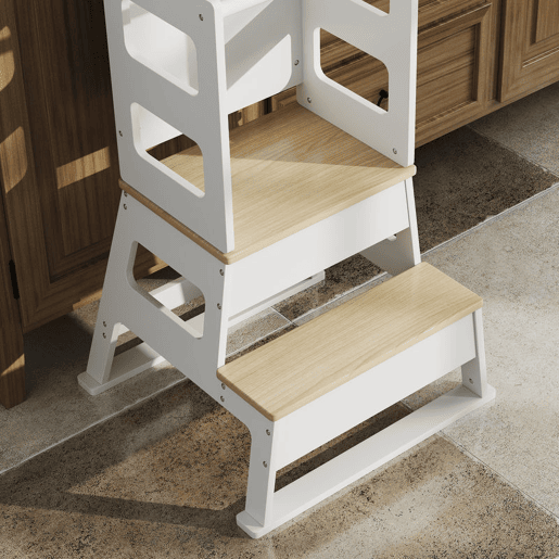 AIYAPLAY Torre de Aprendizagem 2 em 1 Banco de Aprendizagem para Crianças dos 3-6 Anos com Quadro e Grade de Segurança para Casa de Banho e Cozinha 55x52,5x87,5 cm Branco
