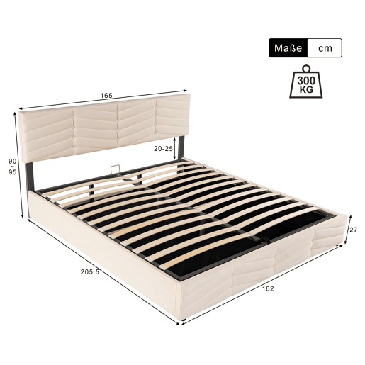 Cama de casal de veludo 160x200cm com armazenamento,bege