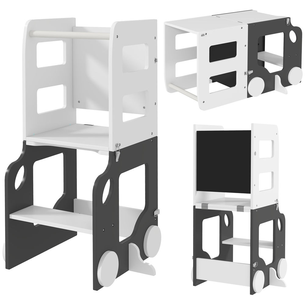 Aiyaplay torre de aprendizaje montessori 4 en 1 taburete de aprendizaje para niños de +3 años convertible en mesa y silla con pizarra de doble cara barra de seguridad 58x46x92 cm blanco y gris