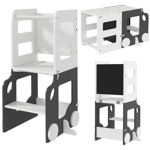 AIYAPLAY Torre de Aprendizagem 4 em 1 Torre de Aprendizagem para Crianças acima de 3 Anos em Forma de Carro Convertível em Mesa e Cadeira com Ardósia Barreira de Segurança 58x46x92 cm Branco e Cinza