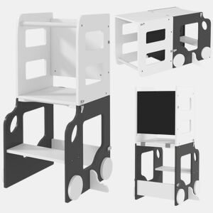 AIYAPLAY Torre de Aprendizagem 4 em 1 Torre de Aprendizagem para Crianças acima de 3 Anos em Forma de Carro Convertível em Mesa e Cadeira com Ardósia Barreira de Segurança 58x46x92 cm Branco e Cinza