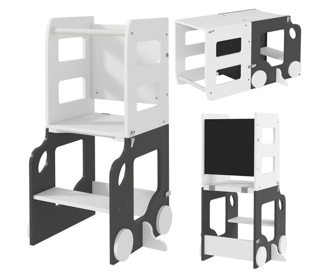 Aiyaplay torre de aprendizaje montessori 4 en 1 taburete de aprendizaje para niños de +3 años convertible en mesa y silla con pizarra de doble cara barra de seguridad 58x46x92 cm blanco y gris