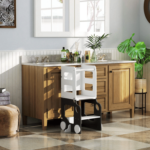 AIYAPLAY Torre de Aprendizagem 4 em 1 Torre de Aprendizagem para Crianças acima de 3 Anos em Forma de Carro Convertível em Mesa e Cadeira com Ardósia Barreira de Segurança 58x46x92 cm Branco e Cinza