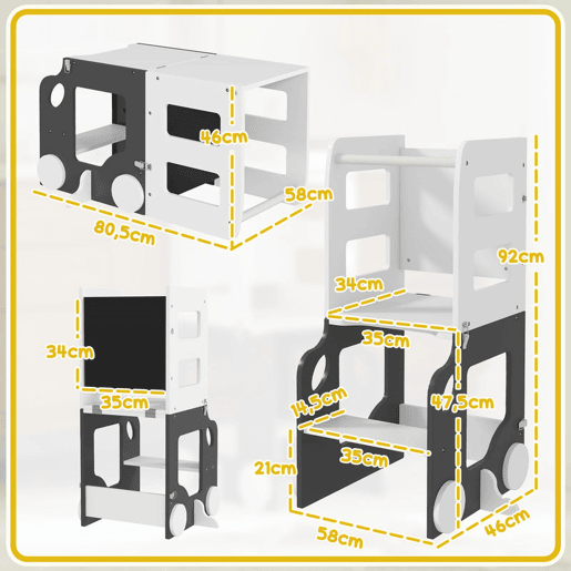 AIYAPLAY Torre de Aprendizagem 4 em 1 Torre de Aprendizagem para Crianças acima de 3 Anos em Forma de Carro Convertível em Mesa e Cadeira com Ardósia Barreira de Segurança 58x46x92 cm Branco e Cinza