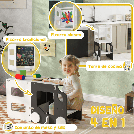 AIYAPLAY Torre de Aprendizagem 4 em 1 Torre de Aprendizagem para Crianças acima de 3 Anos em Forma de Carro Convertível em Mesa e Cadeira com Ardósia Barreira de Segurança 58x46x92 cm Branco e Cinza