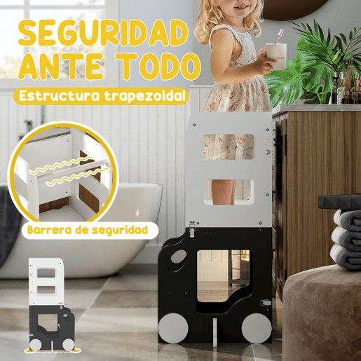 AIYAPLAY Torre de Aprendizagem 4 em 1 Torre de Aprendizagem para Crianças acima de 3 Anos em Forma de Carro Convertível em Mesa e Cadeira com Ardósia Barreira de Segurança 58x46x92 cm Branco e Cinza