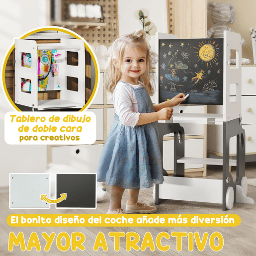 AIYAPLAY Torre de Aprendizagem 4 em 1 Torre de Aprendizagem para Crianças acima de 3 Anos em Forma de Carro Convertível em Mesa e Cadeira com Ardósia Barreira de Segurança 58x46x92 cm Branco e Cinza