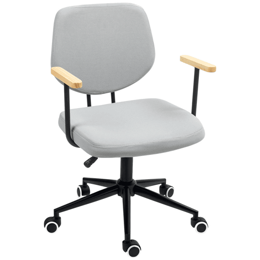 HOMCOM Cadeira de Escritório Cadeira de Escritório com Apoio para os Braços de Madeira e Altura Ajustável Cadeira Giratória para Estúdio Dormitório Carga 120 kg 59x55x84-94 cm Cinza