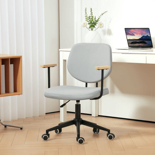 HOMCOM Cadeira de Escritório Cadeira de Escritório com Apoio para os Braços de Madeira e Altura Ajustável Cadeira Giratória para Estúdio Dormitório Carga 120 kg 59x55x84-94 cm Cinza