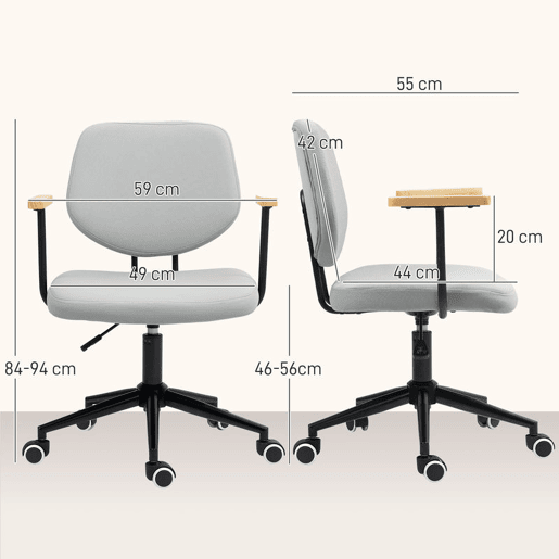 HOMCOM Cadeira de Escritório Cadeira de Escritório com Apoio para os Braços de Madeira e Altura Ajustável Cadeira Giratória para Estúdio Dormitório Carga 120 kg 59x55x84-94 cm Cinza
