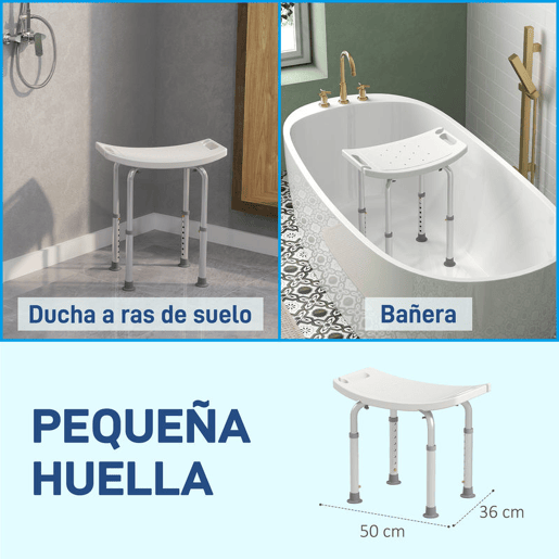 HOMCOM Banco de Duche Banco de Segurança para Duche com Altura Ajustável em 8 Posições com Base de Borracha Antiderrapante 50x36x39,5-56,5 cm Branco
