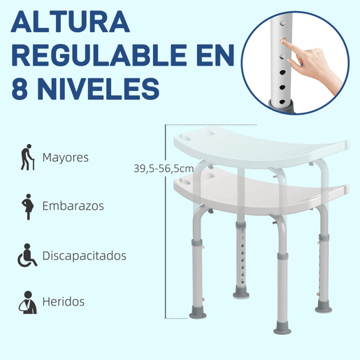 HOMCOM Banco de Duche Banco de Segurança para Duche com Altura Ajustável em 8 Posições com Base de Borracha Antiderrapante 50x36x39,5-56,5 cm Branco