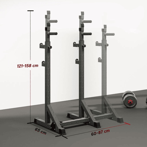 SPORTNOW Suporte para Barras de Pesos Multifuncional com Largura e Altura Ajustáveis Suporte de Musculação com Estrutura de Aço Carga 200 kg para Treino em Casa Ginásio 60-87x65x121-158 cm Preto