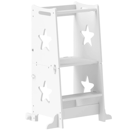 AIYAPLAY Torre de Aprendizagem 2 em 1 Torre de Aprendizagem para Crianças acima de 3 Anos Convertível em Mesa e Cadeira com Barreira de Segurança 60x44,5x86 cm Branco