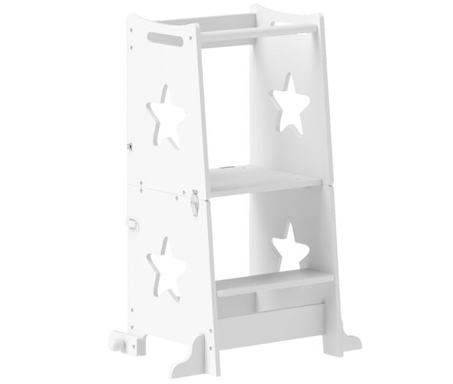 Aiyaplay torre de aprendizaje 2 en 1 taburete de aprendizaje para niños de +3 años convertible en mesa y silla con barra de seguridad 60x44,5x86 cm blanco