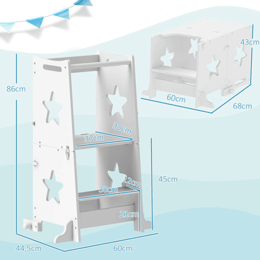 AIYAPLAY Torre de Aprendizagem 2 em 1 Torre de Aprendizagem para Crianças acima de 3 Anos Convertível em Mesa e Cadeira com Barreira de Segurança 60x44,5x86 cm Branco