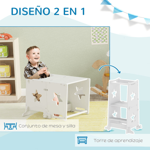AIYAPLAY Torre de Aprendizagem 2 em 1 Torre de Aprendizagem para Crianças acima de 3 Anos Convertível em Mesa e Cadeira com Barreira de Segurança 60x44,5x86 cm Branco