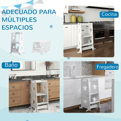 AIYAPLAY Torre de Aprendizagem 2 em 1 Torre de Aprendizagem para Crianças acima de 3 Anos Convertível em Mesa e Cadeira com Barreira de Segurança 60x44,5x86 cm Branco