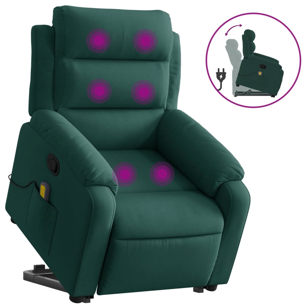 Vidaxl sillón reclinable de masaje elevable terciopelo verde oscuro