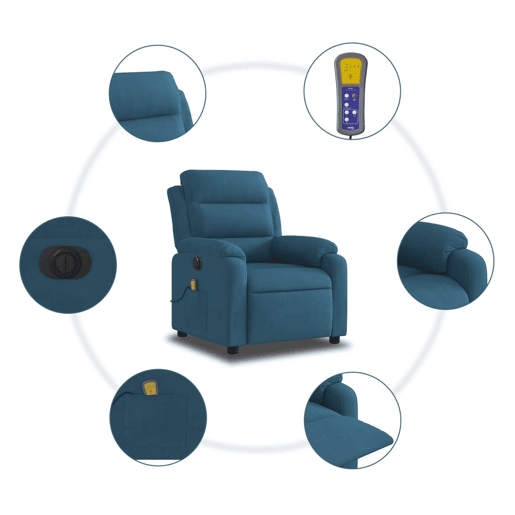 vidaXL Poltrona de massagens reclinável elétrica veludo azul vidaXL Poltrona de massagens reclinável elétrica veludo azul