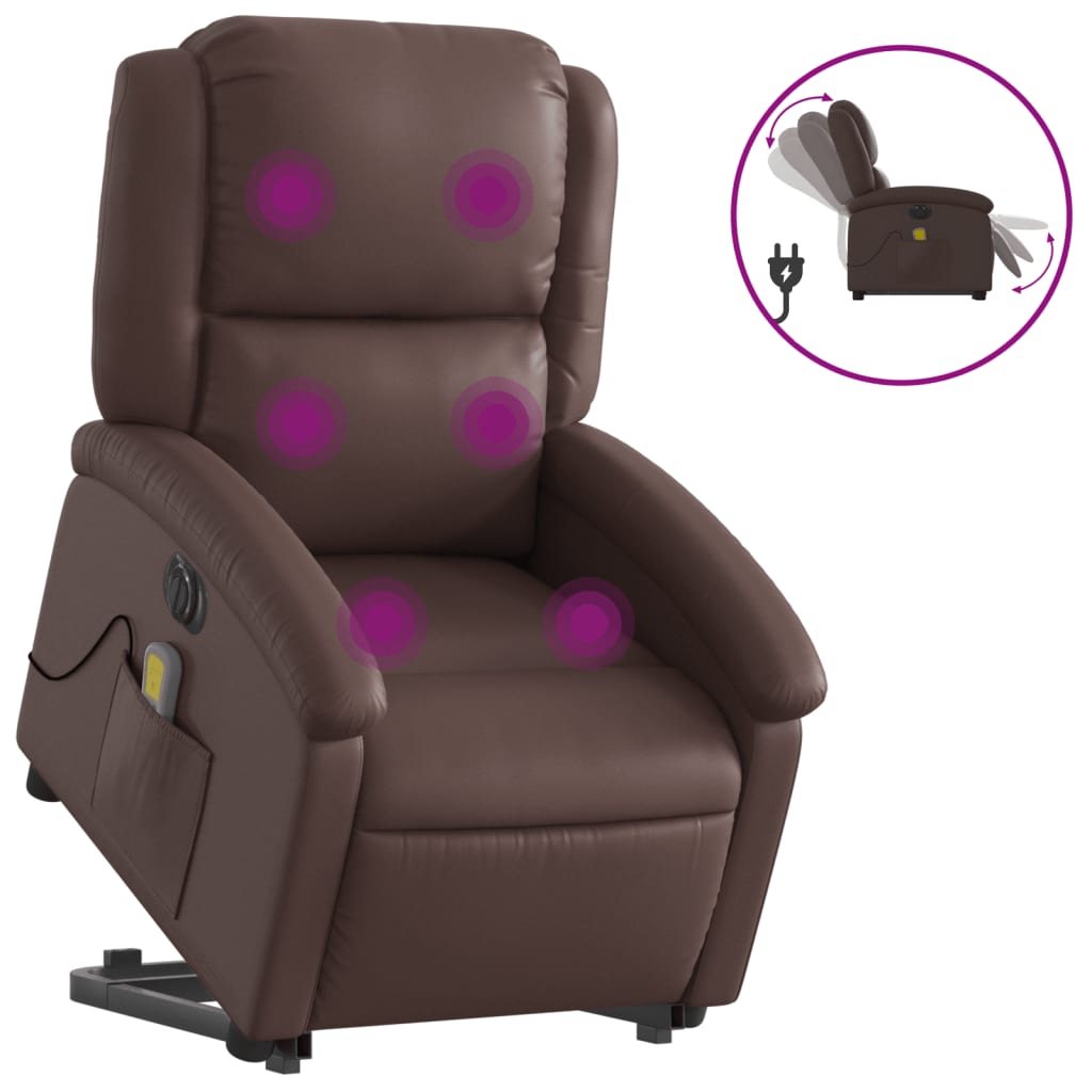 Vidaxl sillón de masaje elevable eléctrico cuero sintético marrón