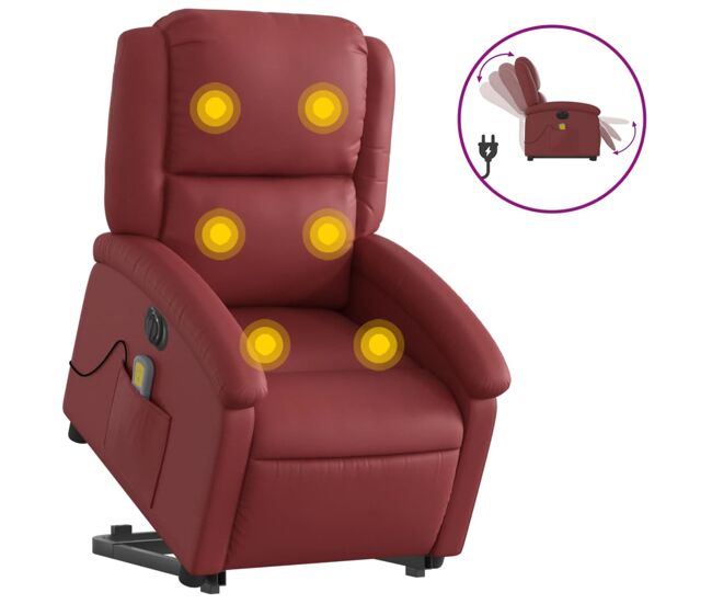 Vidaxl sillón de masaje elevable eléctrico cuero artificial rojo tinto