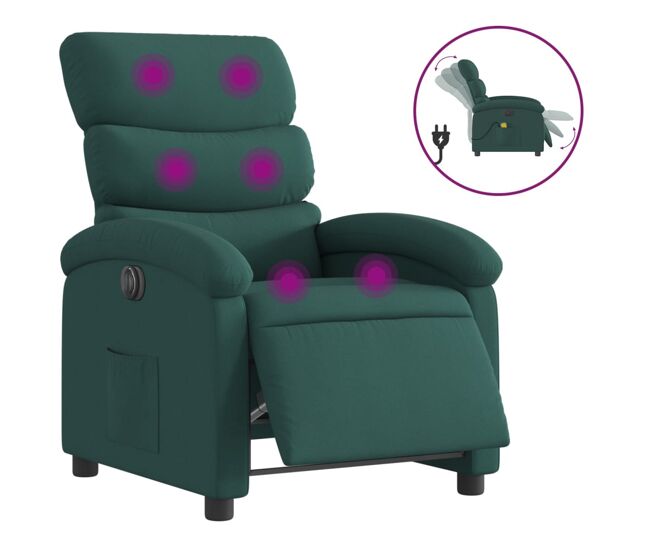 Vidaxl sillón reclinable de masaje eléctrico tela verde oscuro