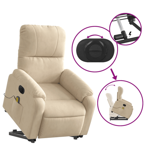 vidaXL Poltrona de massagens elétrica elevatória microfibra cor creme vidaXL Poltrona de massagens elétrica elevatória microfibra cor creme