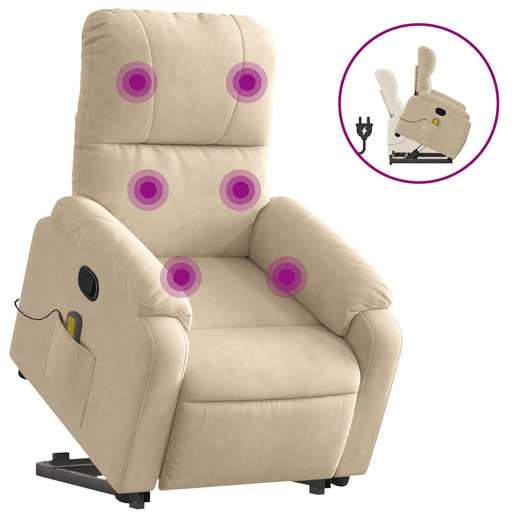vidaXL Poltrona massagens reclinável elevatória microfibra cor creme