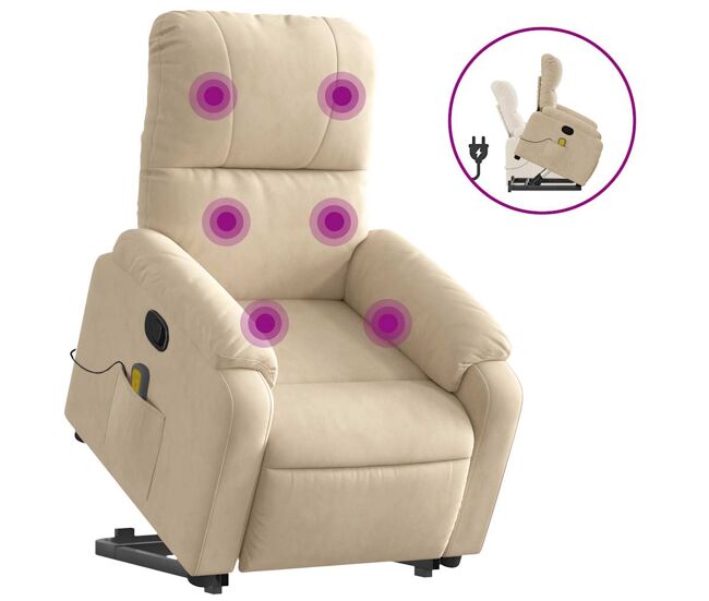 Vidaxl sillón reclinable de masaje elevable tela de microfibra crema