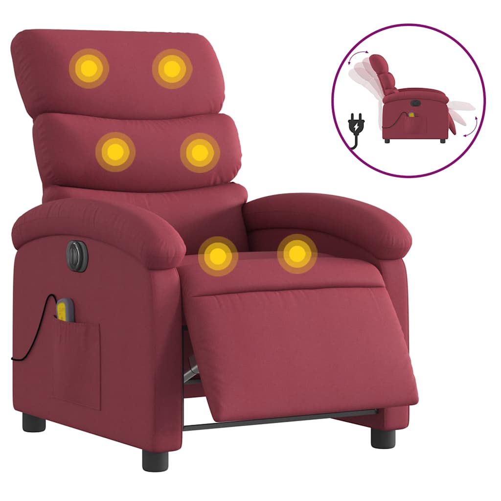 Vidaxl sillón de masaje reclinable eléctrico tela rojo tinto
