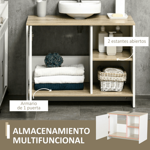 kleankin Móvel para Lavatório Pousar Móvel Casa de Banho Moderno com Prateleiras Abertas e Armário 77x45x60 cm Branco e Madeira