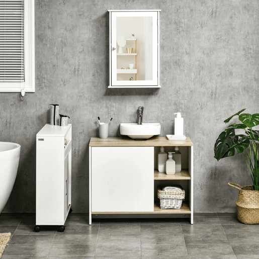 kleankin Móvel para Lavatório Pousar Móvel Casa de Banho Moderno com Prateleiras Abertas e Armário 77x45x60 cm Branco e Madeira