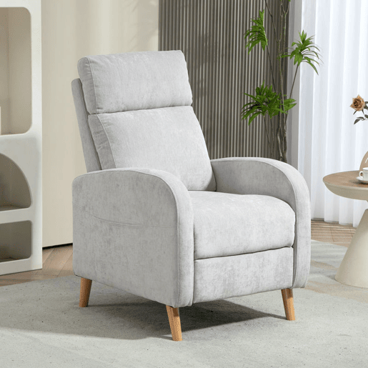 HOMCOM Poltrona Relax Reclinável Manual Poltrona Relax Estofada em Linho Sintético com Apoio para os Pés e Bolso Lateral Poltrona Reclinável para Dormitório Escritório Carga 120 kg 68x90x106 cm Cinza Claro