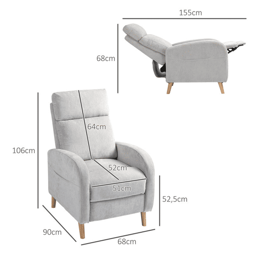HOMCOM Poltrona Relax Reclinável Manual Poltrona Relax Estofada em Linho Sintético com Apoio para os Pés e Bolso Lateral Poltrona Reclinável para Dormitório Escritório Carga 120 kg 68x90x106 cm Cinza Claro