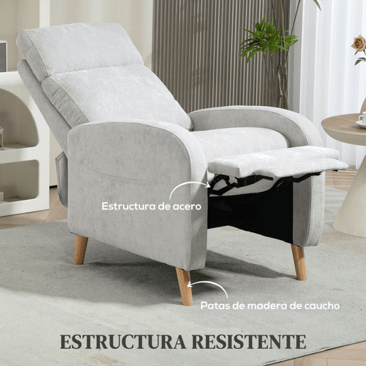 HOMCOM Poltrona Relax Reclinável Manual Poltrona Relax Estofada em Linho Sintético com Apoio para os Pés e Bolso Lateral Poltrona Reclinável para Dormitório Escritório Carga 120 kg 68x90x106 cm Cinza Claro