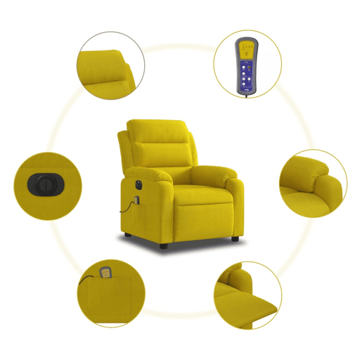 vidaXL Poltrona de massagens reclinável elétrica veludo amarelo vidaXL Poltrona de massagens reclinável elétrica veludo amarelo
