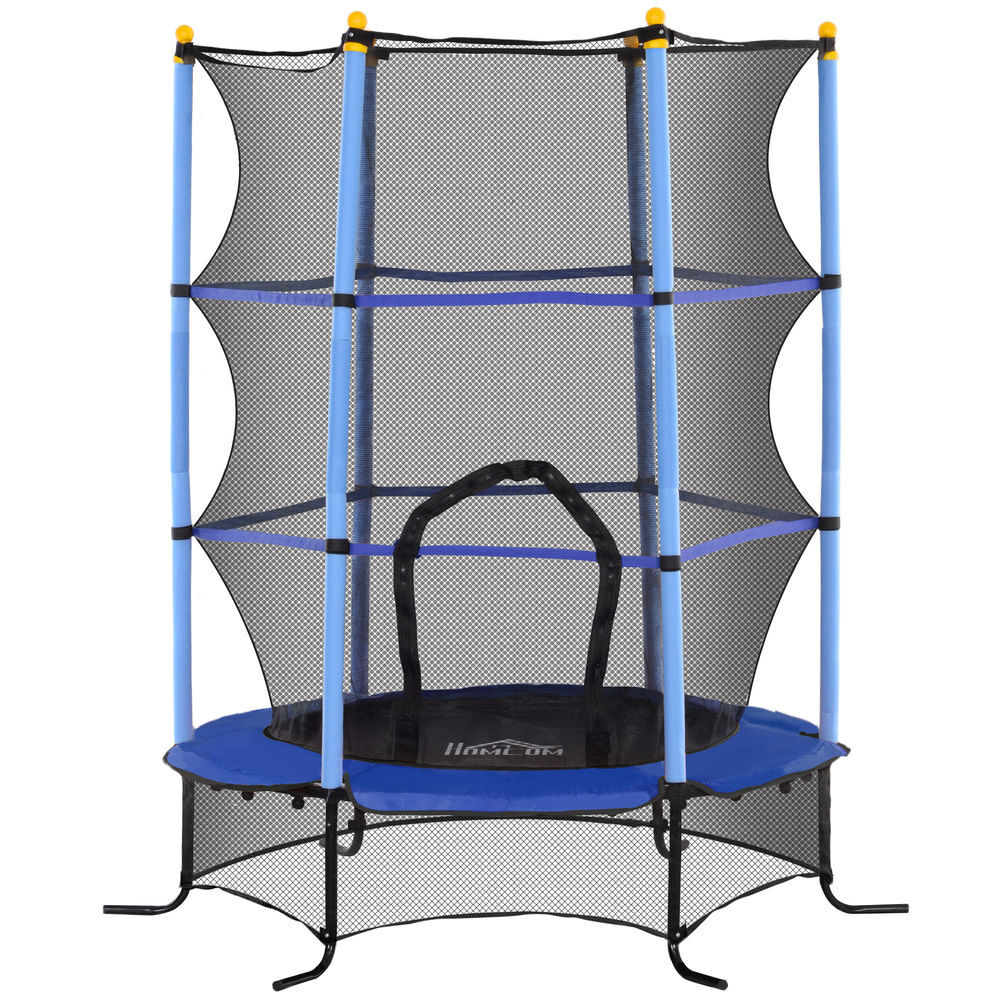 Homcom cama elástica infantil exterior ø163x190 cm, trampolín para niños con red de seguridad, protector de bordes y marco de acero, carga 50 kg, para niños de +3 años, para interior, azul y negro