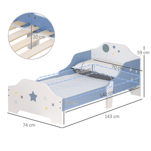 HOMCOM Cama para Crianças acima de 3 Anos 143x74x59 cm Cama Infantil com Desenho em Estrelas Carga 50 kg para Dormitório Azul e Branco
