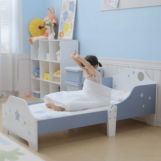 HOMCOM Cama para Crianças acima de 3 Anos 143x74x59 cm Cama Infantil com Desenho em Estrelas Carga 50 kg para Dormitório Azul e Branco