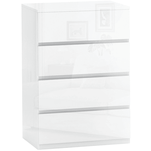 HOMCOM Cómoda com 4 Gavetas de Madeira Cómoda de Dormitório Cómoda Branca para Sala de Estar Estilo Moderno 55x33x80 cm Branco Brilhante