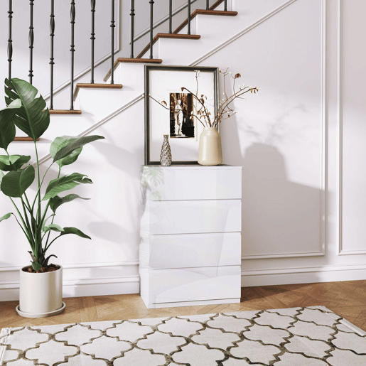 HOMCOM Cómoda com 4 Gavetas de Madeira Cómoda de Dormitório Cómoda Branca para Sala de Estar Estilo Moderno 55x33x80 cm Branco Brilhante