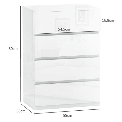 HOMCOM Cómoda com 4 Gavetas de Madeira Cómoda de Dormitório Cómoda Branca para Sala de Estar Estilo Moderno 55x33x80 cm Branco Brilhante