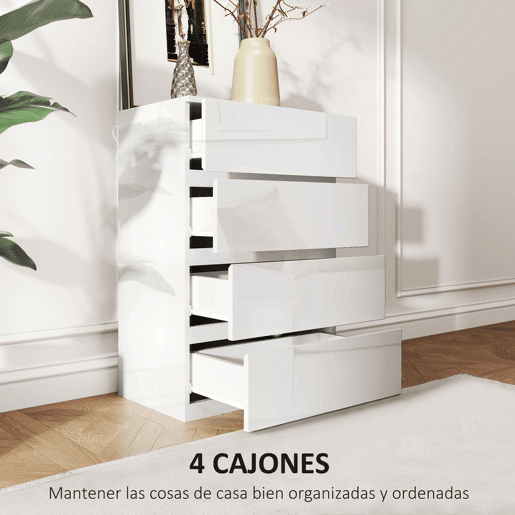 HOMCOM Cómoda com 4 Gavetas de Madeira Cómoda de Dormitório Cómoda Branca para Sala de Estar Estilo Moderno 55x33x80 cm Branco Brilhante