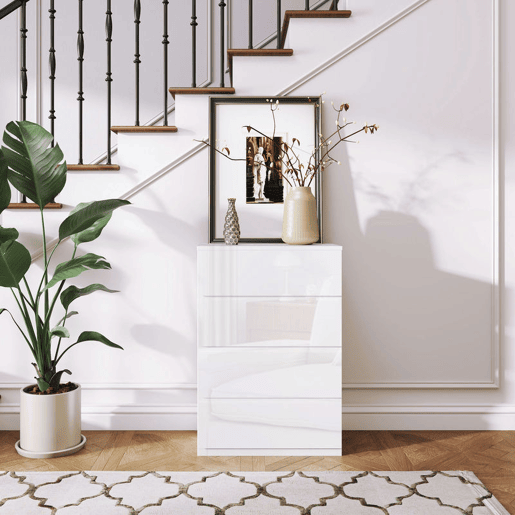 HOMCOM Cómoda com 4 Gavetas de Madeira Cómoda de Dormitório Cómoda Branca para Sala de Estar Estilo Moderno 55x33x80 cm Branco Brilhante
