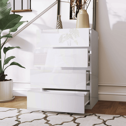 HOMCOM Cómoda com 4 Gavetas de Madeira Cómoda de Dormitório Cómoda Branca para Sala de Estar Estilo Moderno 55x33x80 cm Branco Brilhante