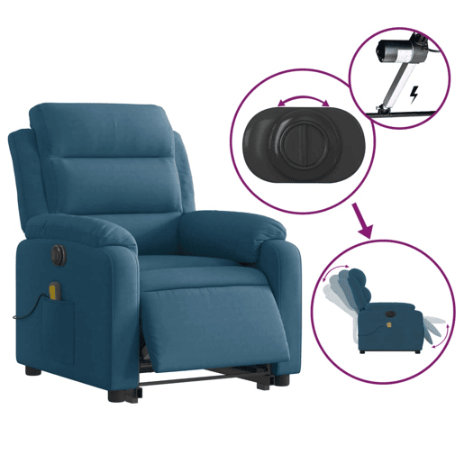 vidaXL Poltrona massagens reclinável elevatória elétrica veludo azul vidaXL Poltrona massagens reclinável elevatória elétrica veludo azul