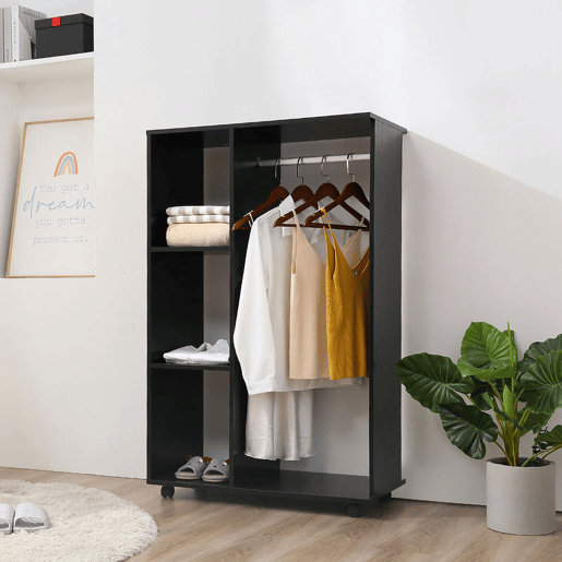 HOMCOM Roupeiro de Madeira Móvel Armário Roupeiro Aberto com Barra para Pendurar e 3 Prateleiras Organizadoras para Dormitório 80x40x128 cm Preto