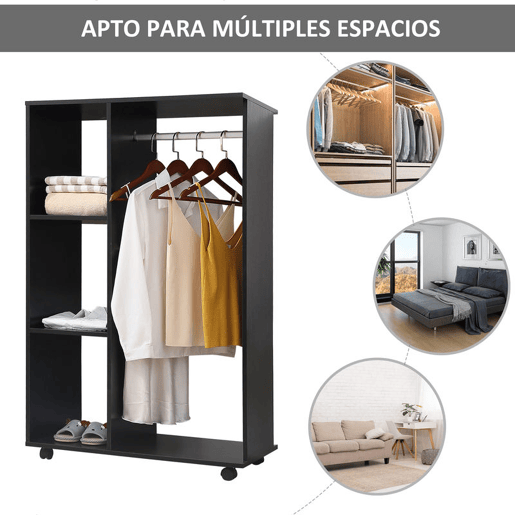 HOMCOM Roupeiro de Madeira Móvel Armário Roupeiro Aberto com Barra para Pendurar e 3 Prateleiras Organizadoras para Dormitório 80x40x128 cm Preto
