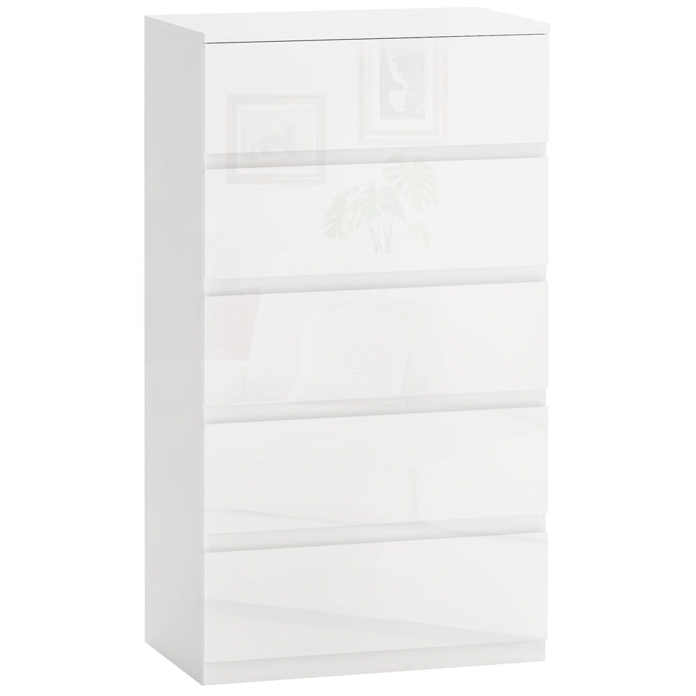 Homcom cómoda con 5 cajones cómoda de dormitorio moderno con diseño anti-vuelco cajonera para salón pasillo 55x33x100 cm blanco brillante